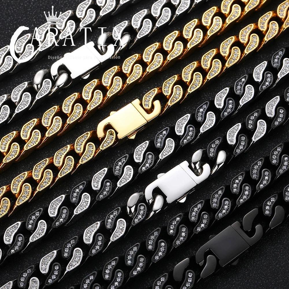 CARÁTIX 12mm Stainless Steel Cuban Link Chain Necklace – Bling Zircon Chunky Hip Hop Jewelry for Men & Women | 16–26 Inches