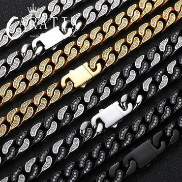 CARÁTIX 12mm Stainless Steel Cuban Link Chain Necklace – Bling Zircon Chunky Hip Hop Jewelry for Men & Women | 16–26 Inches