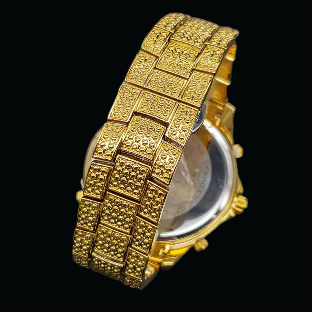 Waterproof Big Dial Dual Time Iced Out Diamond Watch 