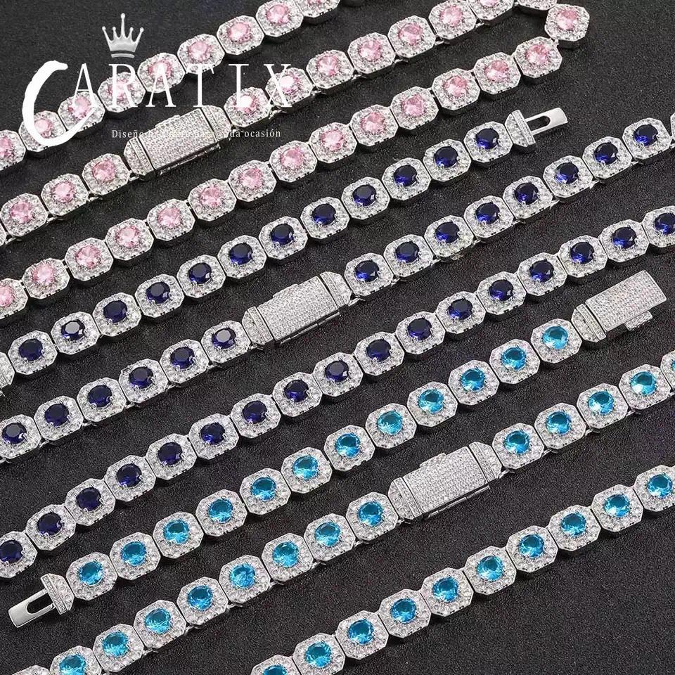 CARÁTIX - 12MM Silver Plated  Blue CZ Jumbo Square Sparkling Cluster Cubic Zirconia Tennis Link Chains for Men Valentine's Day Gift for Men & Girls & Boys Mothers' Day Gift #Springtok