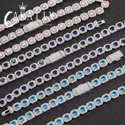 CARÁTIX - 12MM Silver Plated  Blue CZ Jumbo Square Sparkling Cluster Cubic Zirconia Tennis Link Chains for Men Valentine's Day Gift for Men & Girls & Boys Mothers' Day Gift #Springtok