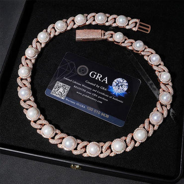 15mm Pearl Moissanite Cuban Link Necklace | S925 Silver Men’s Hip Hop Chain - CaratixJewelry