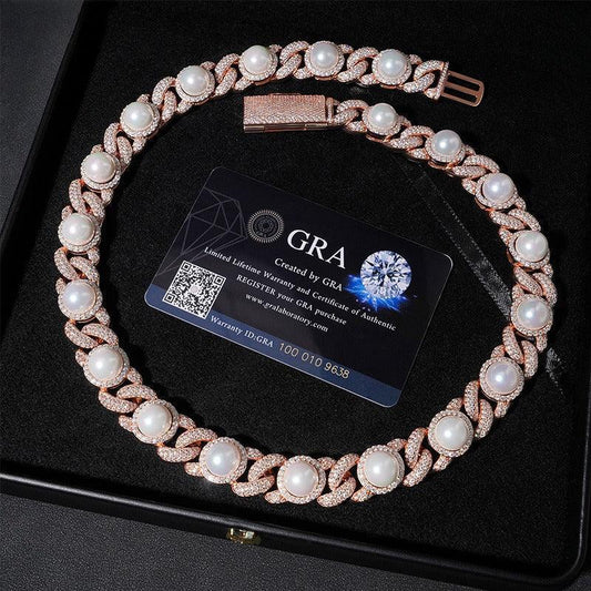 15mm Pearl Moissanite Cuban Link Necklace | S925 Silver Men’s Hip Hop Chain - CaratixJewelry