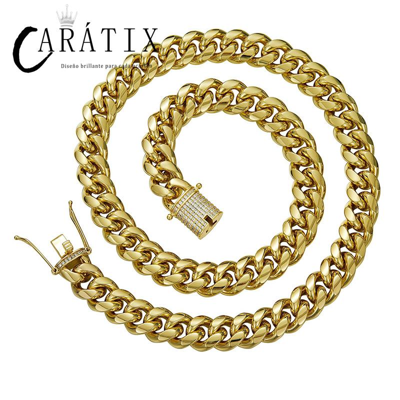CARÁTIX - 6-14mm Bling Golden Color Stainless Steel Cuban Miami Chains Necklaces CZ Zircon Big Heavy Link Chain for Men Hip Hop Rock jewelry Valentine's Day Gift for Men & Girls & Boys Mothers' Day Gift #Springtok