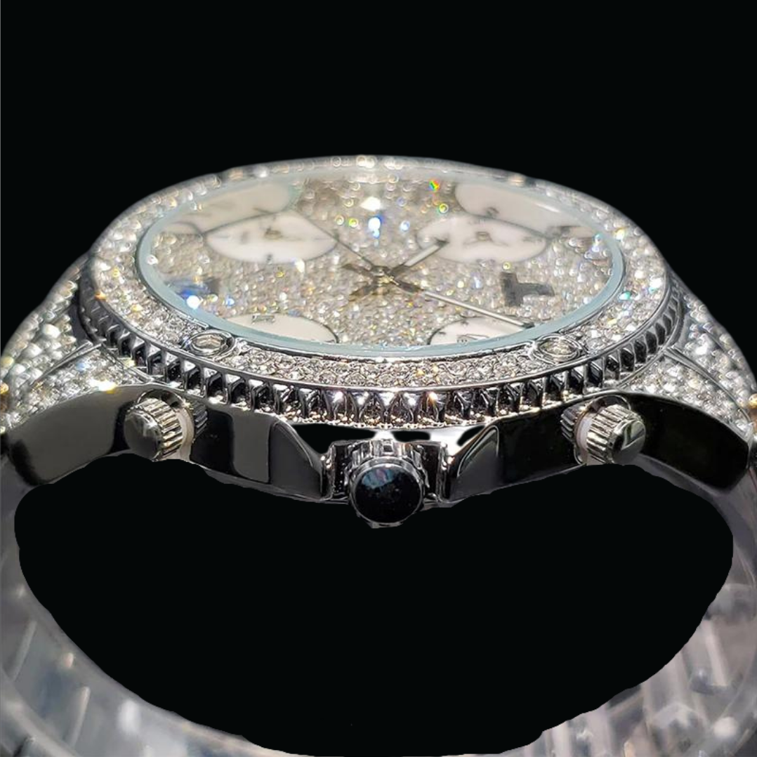 Waterproof Big Dial Dual Time Iced Out Diamond Watch 