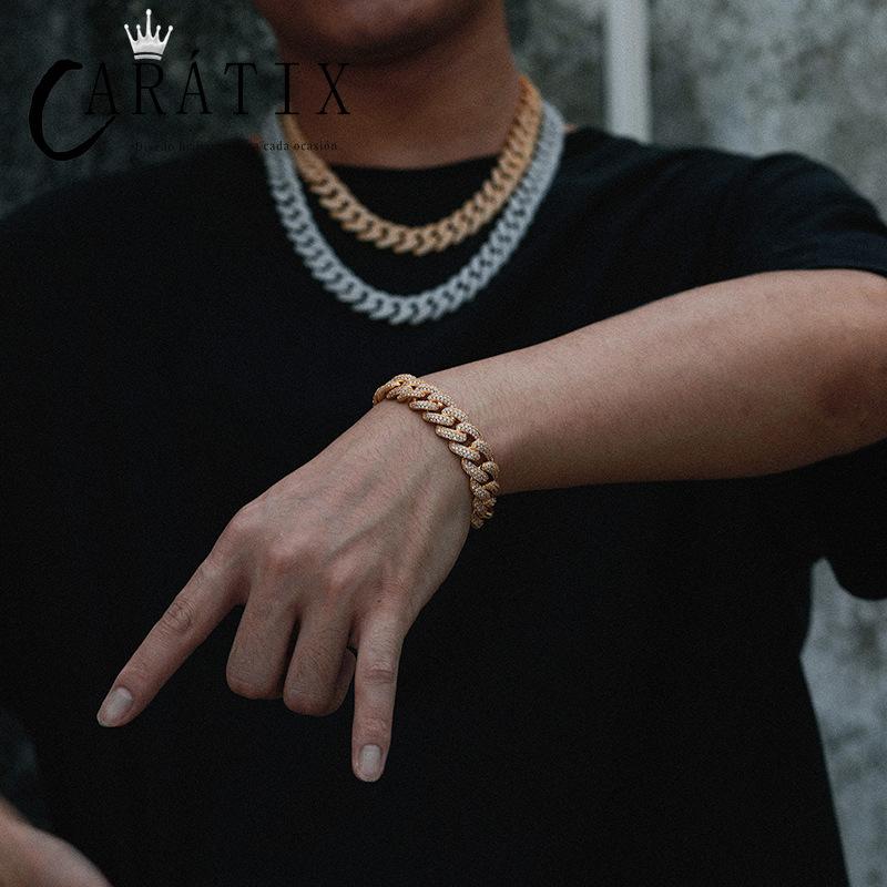 CARÁTIX 15mm Iced Out Cuban Link Chain Necklace – 3 Row Round CZ Hip Hop Bling Jewelry for Men | Rapper Gift