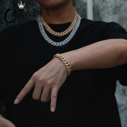 CARÁTIX 15mm Iced Out Cuban Link Chain Necklace – 3 Row Round CZ Hip Hop Bling Jewelry for Men | Rapper Gift