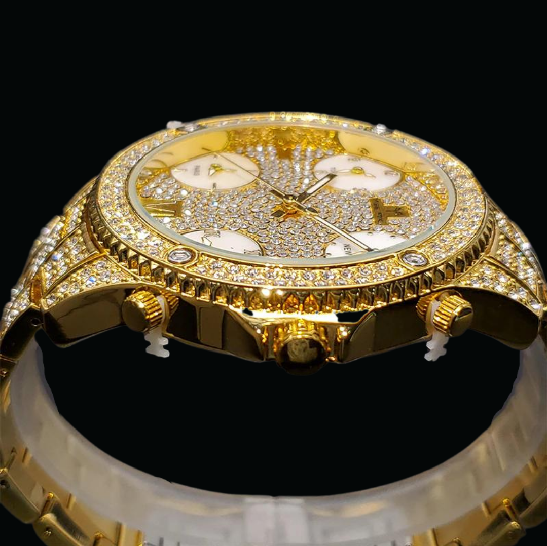 Waterproof Big Dial Dual Time Iced Out Diamond Watch 