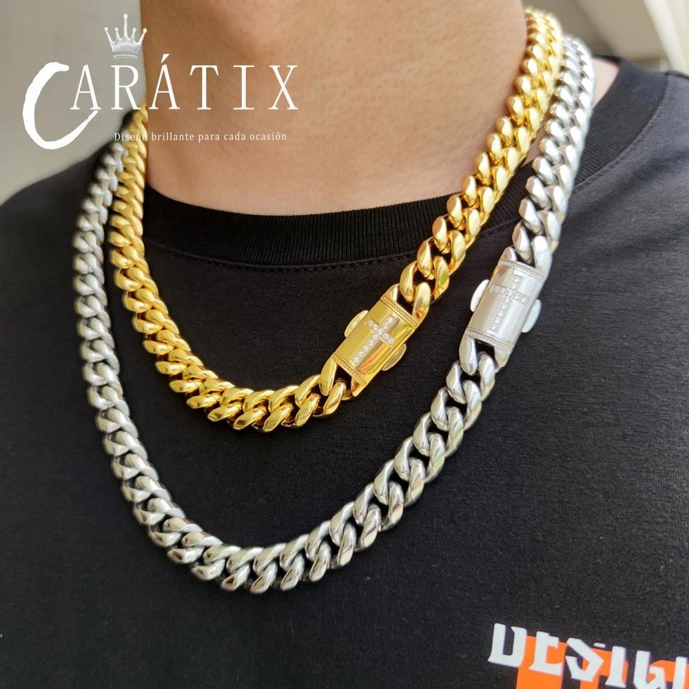 CARÁTIX Stainless Steel Cuban Link Chain Necklace – Golden Clasp Hip Hop Jewelry for Men & Women