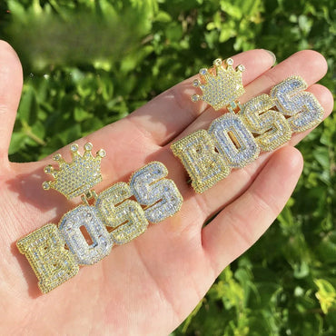 Luxury Two-Tone "BOSS" Crown Pendant | Men's Real Copper CZ Necklace - CaratixJewelry