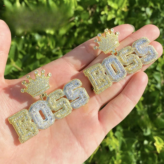 Luxury Two-Tone "BOSS" Crown Pendant | Men's Real Copper CZ Necklace - CaratixJewelry