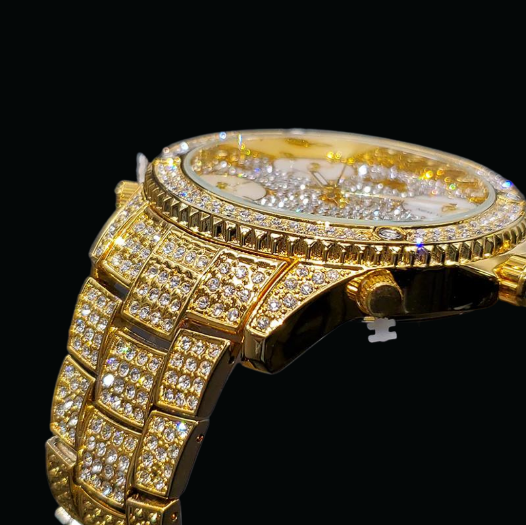 Waterproof Big Dial Dual Time Iced Out Diamond Watch 
