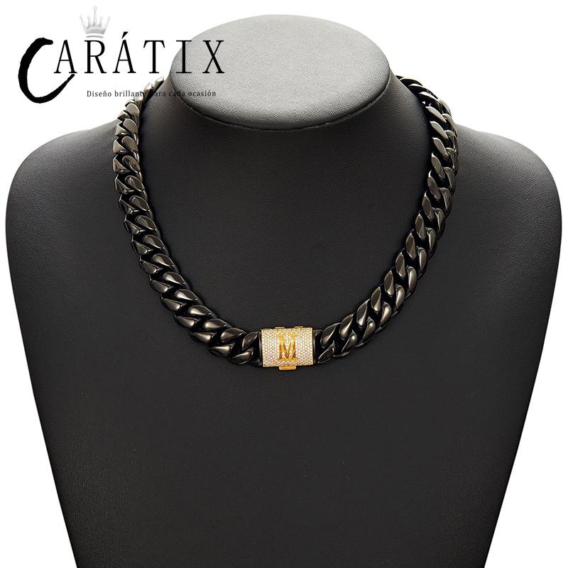 CARÁTIX - Hip Hop Bling Iced Out Letters Button Stainless Steel 14mm Round Cuban Miami Link Chain Necklace for Men Rapper Jewelry Black Valentine's Day Gift for Men & Girls & Boys Mothers' Day Gift #Springtok