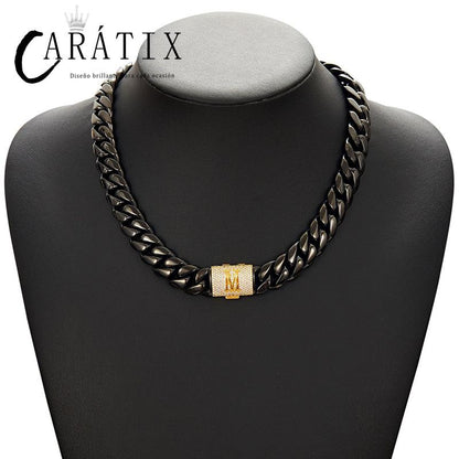 CARÁTIX - Hip Hop Bling Iced Out Letters Button Stainless Steel 14mm Round Cuban Miami Link Chain Necklace for Men Rapper Jewelry Black Valentine's Day Gift for Men & Girls & Boys Mothers' Day Gift #Springtok