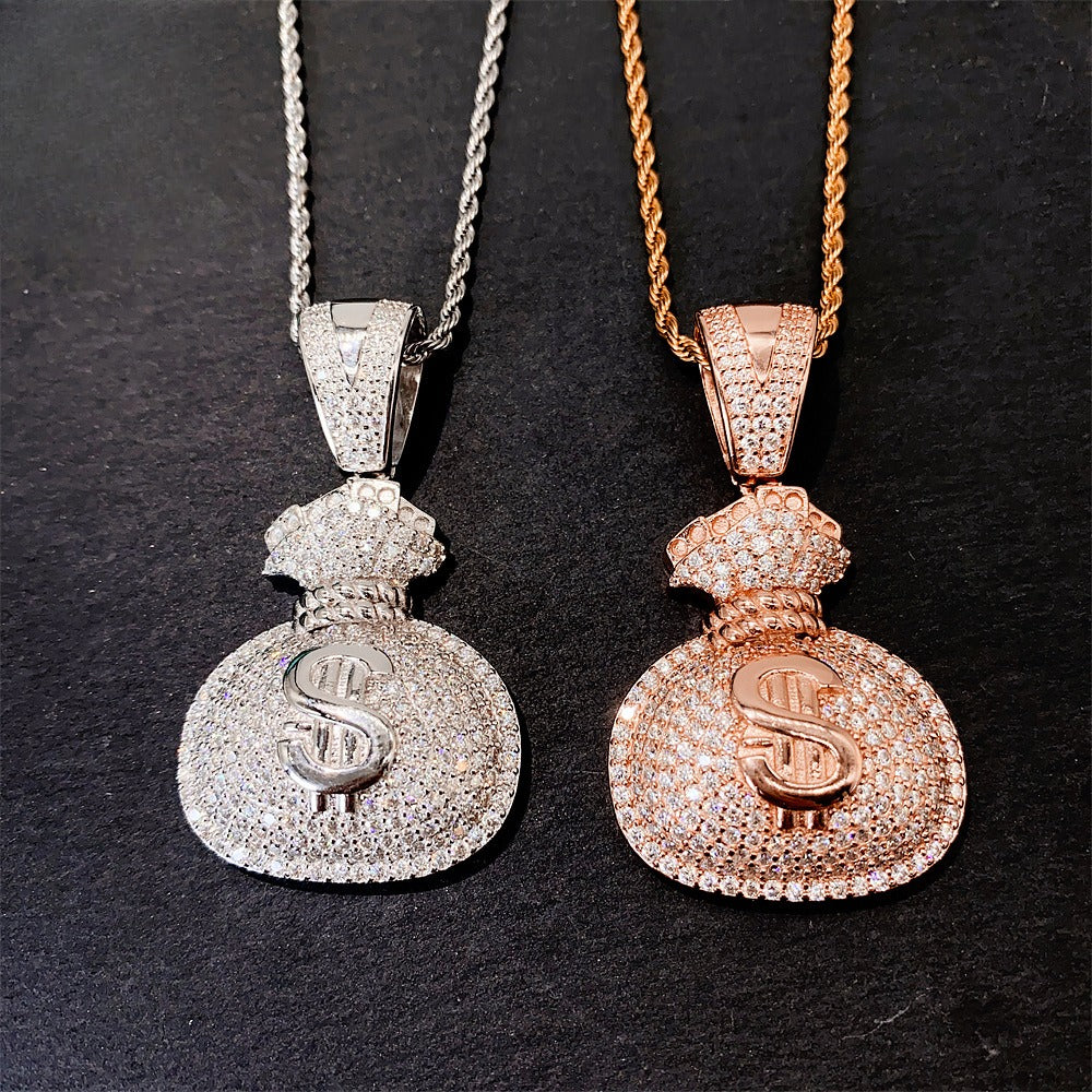 Iced Out Money Bag Pendant | Men's Gold Plated Hip Hop Money Sack Charm | Caratix