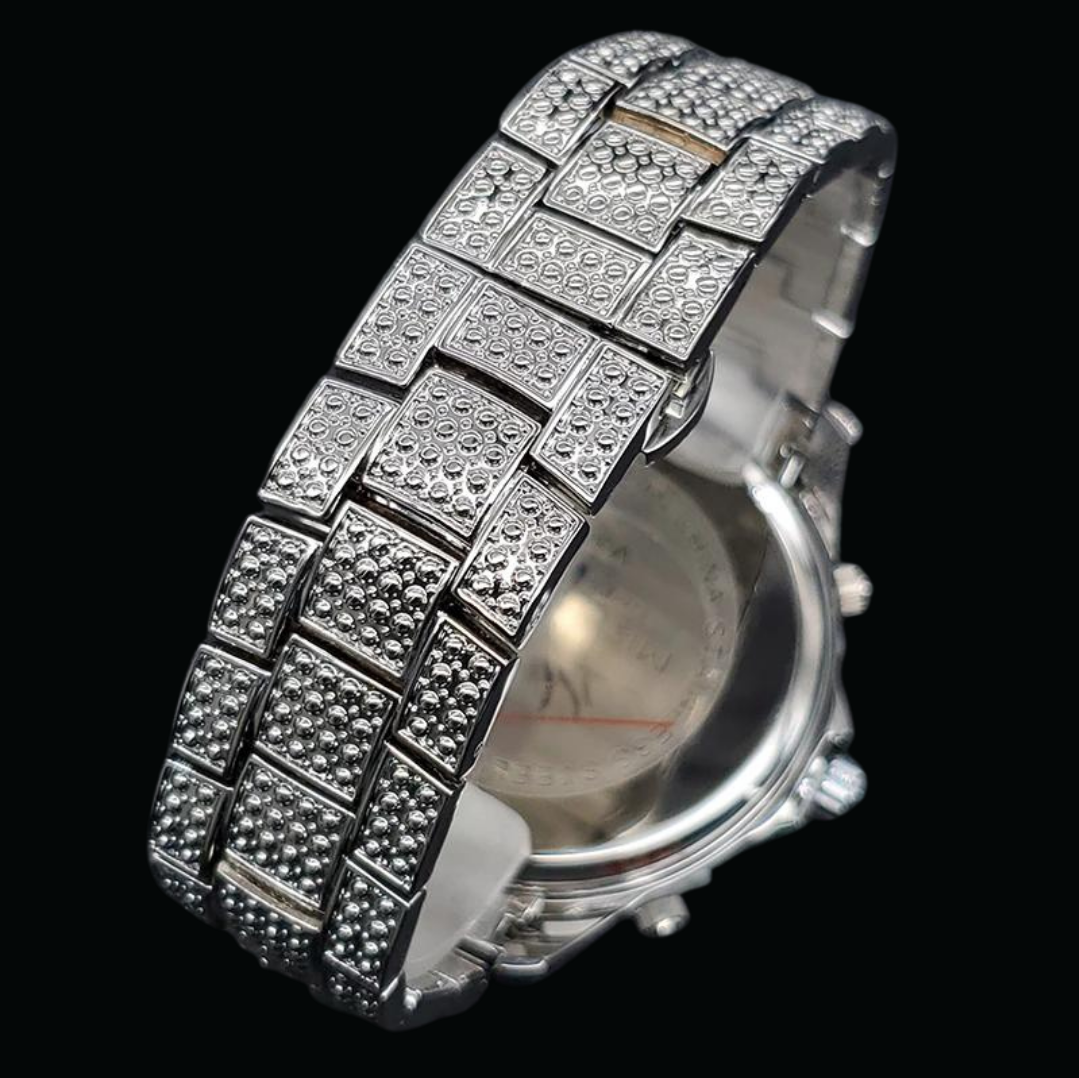 Waterproof Big Dial Dual Time Iced Out Diamond Watch 