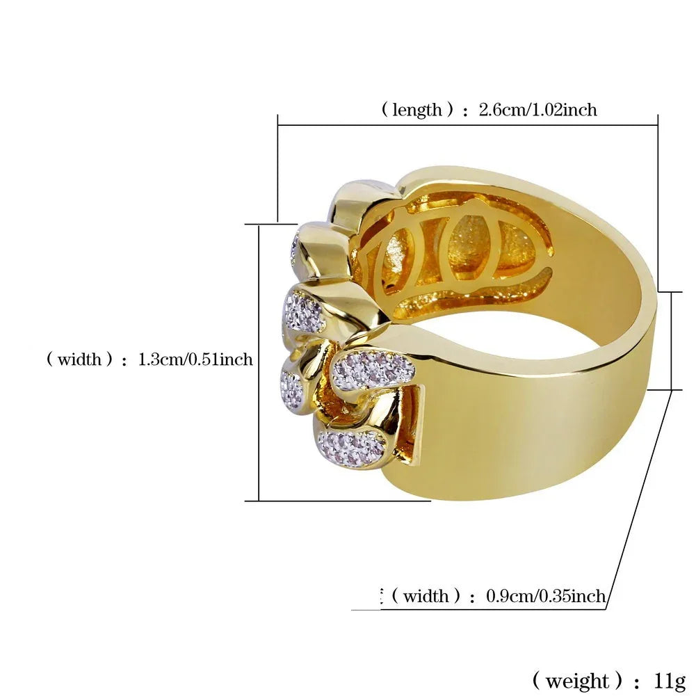 18K Gold Plated Iced Out Chain Link Ring | Pave Zirconia Band | Caratix