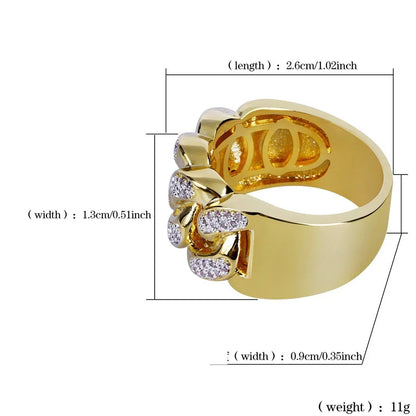 18K Gold Plated Iced Out Chain Link Ring | Pave Zirconia Band | Caratix