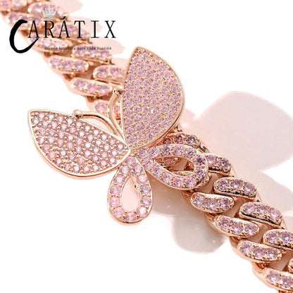 CARÁTIX All Pink Butterfly Cuban Chain | CZ Iced Out Miami Choker Necklace for Men & Women