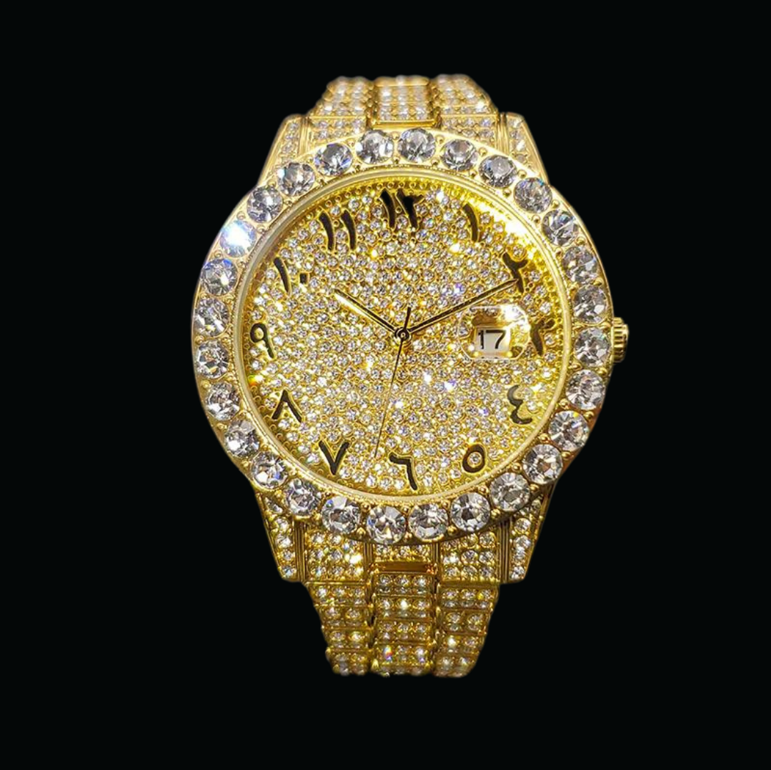 Arabic Numerals Date Iced Out Diamond Watch – Luxury Hip Hop Jewelry Watch for Men