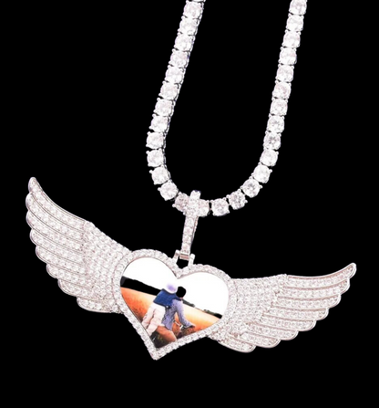 Long Wings Heart Custom Photo Pendant Necklace – Personalized Iced Out Picture Jewelry for Men and Women