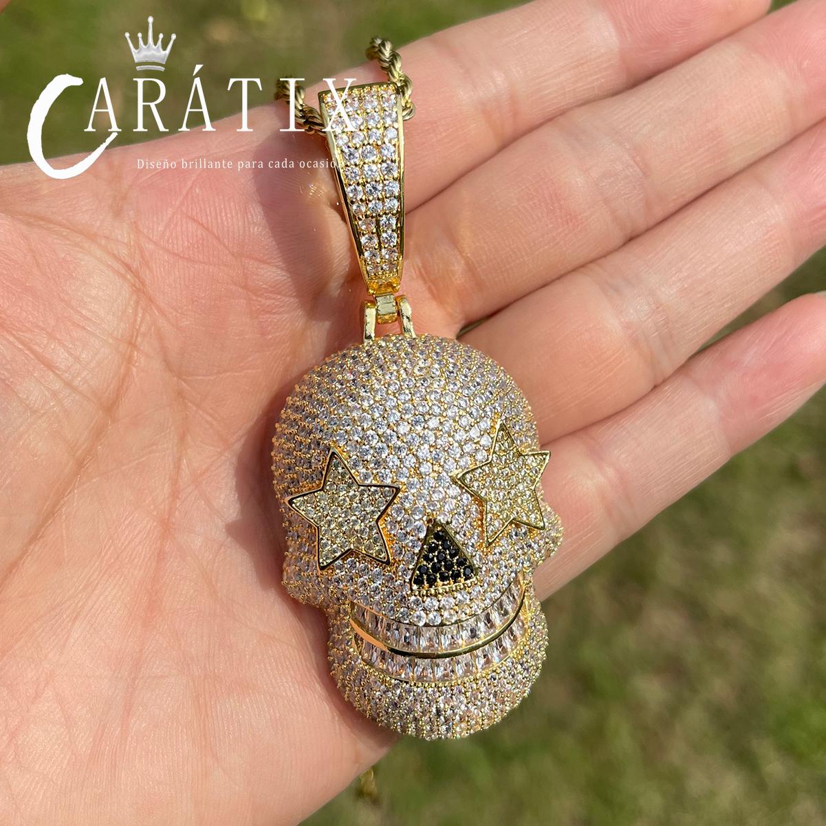 CARÁTIX Bubble Letter Iced Out Skull Pendant Necklace – Copper Hip Hop CZ Jewelry for Men & Women