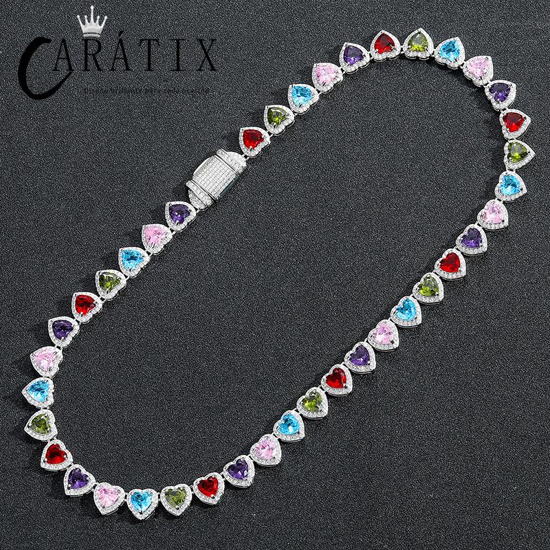 CARÁTIX Colorful Hearts Tennis Chain | CZ Iced Out Hip Hop Choker Necklace for Men & Women