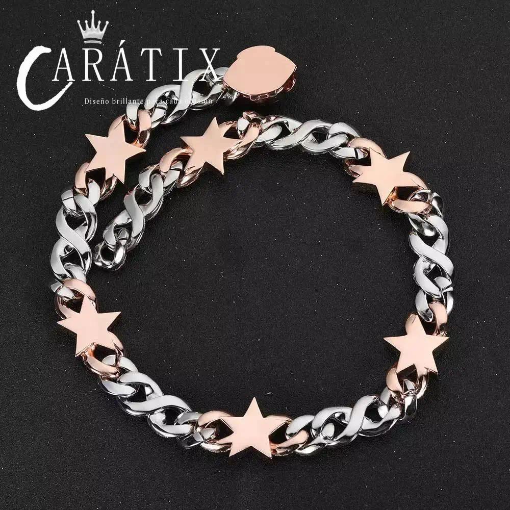 CARÁTIX Two-Tone Pink & Silver Star Cuban Link Chain Necklace – Eye Clasp Iced Out Hip Hop Luxury Choker Jewelry | Party Gift