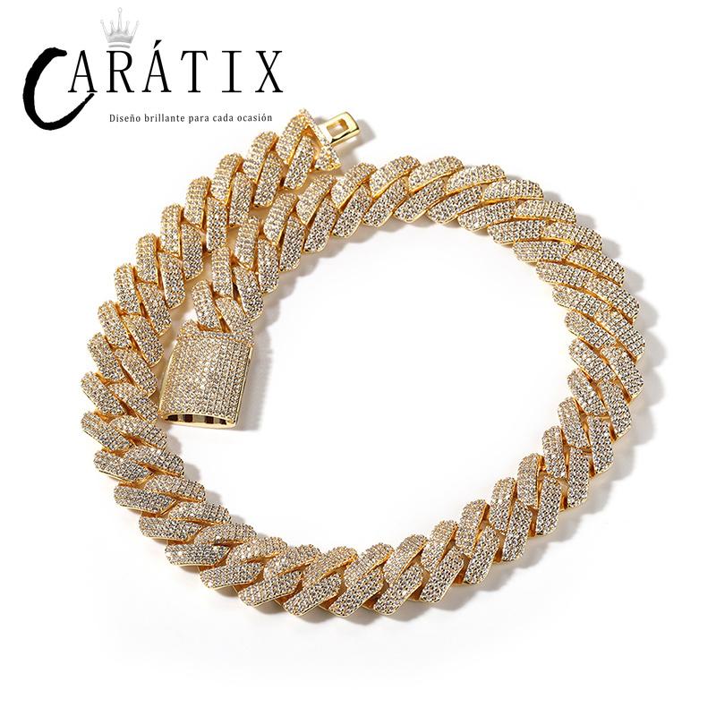 CARÁTIX 20mm 3-Row Square Cuban Link Chain Necklace – CZ Iced Out Heavy Hip Hop Bling Jewelry for Men | Rapper Gift