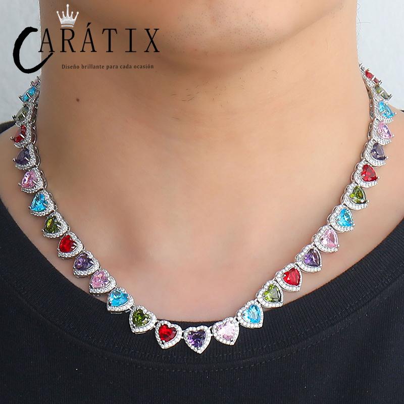 CARÁTIX Colorful Hearts Tennis Chain | CZ Iced Out Hip Hop Choker Necklace for Men & Women