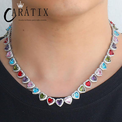 CARÁTIX Colorful Hearts Tennis Chain | CZ Iced Out Hip Hop Choker Necklace for Men & Women