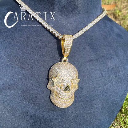CARÁTIX Bubble Letter Iced Out Skull Pendant Necklace – Copper Hip Hop CZ Jewelry for Men & Women