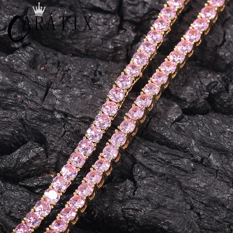 CARÁTIX - 4mm wide Pink/Blue Zircon Tennis Chokers Necklaces for Women Men Bling Iced Out 1 Row CZ Stone Link Chain Hip Hop Rapper Jewelry Valentine's Day Gift for Men & Girls & Boys Mothers' Day Gift #Springtok