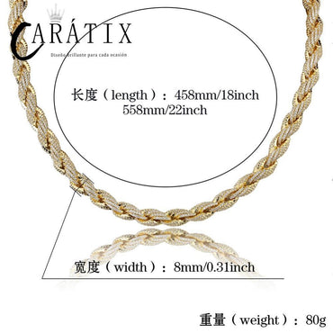 CARÁTIX Gold Twist Rope Chain Necklace – Micro Pave CZ Iced Out Hip Hop Bling Jewelry for Men | Round Link Rapper Gift