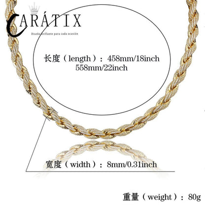 CARÁTIX Gold Twist Rope Chain Necklace – Micro Pave CZ Iced Out Hip Hop Bling Jewelry for Men | Round Link Rapper Gift