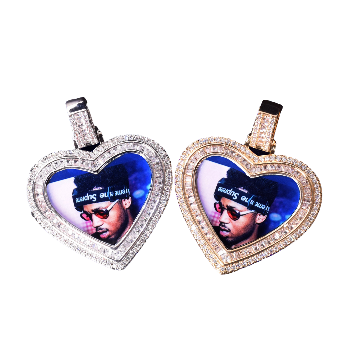 Heart Baguette Custom Photo Pendant Necklace – Iced Out Hip Hop Picture Jewelry for Men and Women