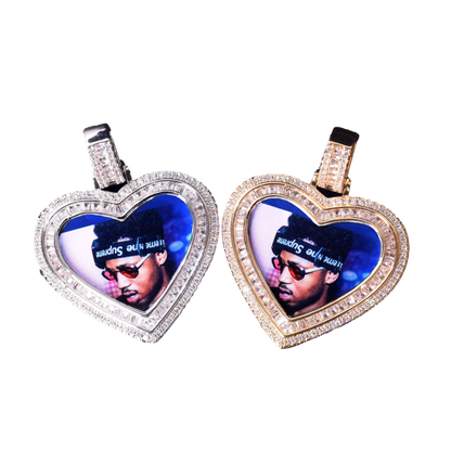 Heart Baguette Custom Photo Pendant Necklace – Iced Out Hip Hop Picture Jewelry for Men and Women