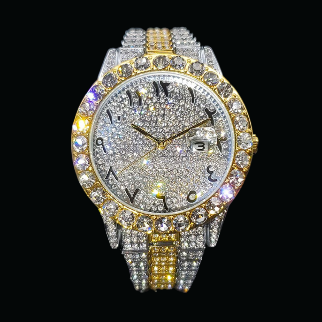 Arabic Numerals Date Iced Out Diamond Watch – Luxury Hip Hop Timepiece