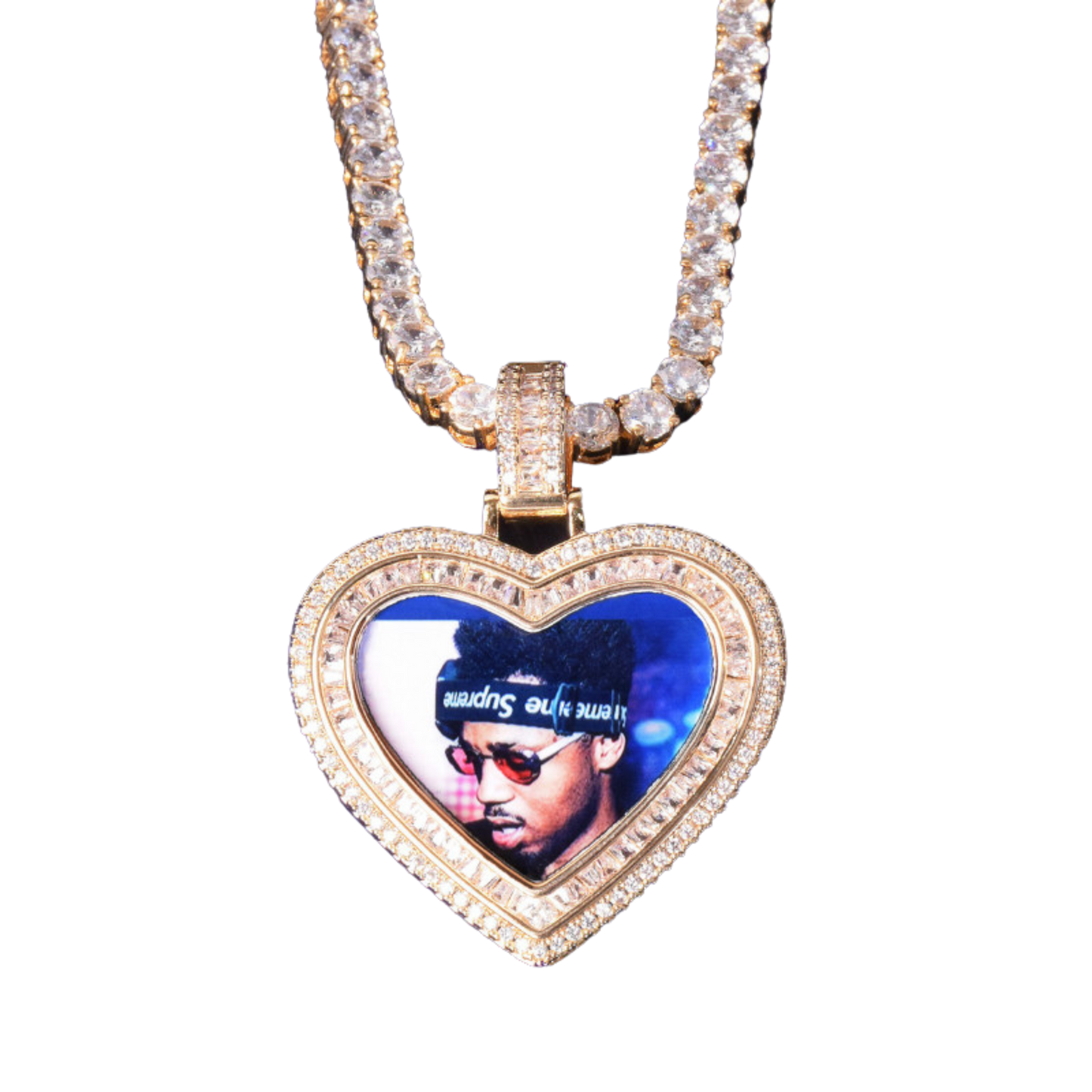 Heart Baguette Custom Photo Pendant Necklace – Iced Out Hip Hop Picture Jewelry for Men and Women