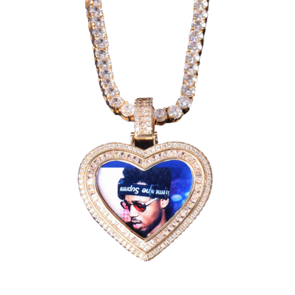 Heart Baguette Custom Photo Pendant Necklace – Iced Out Hip Hop Picture Jewelry for Men and Women