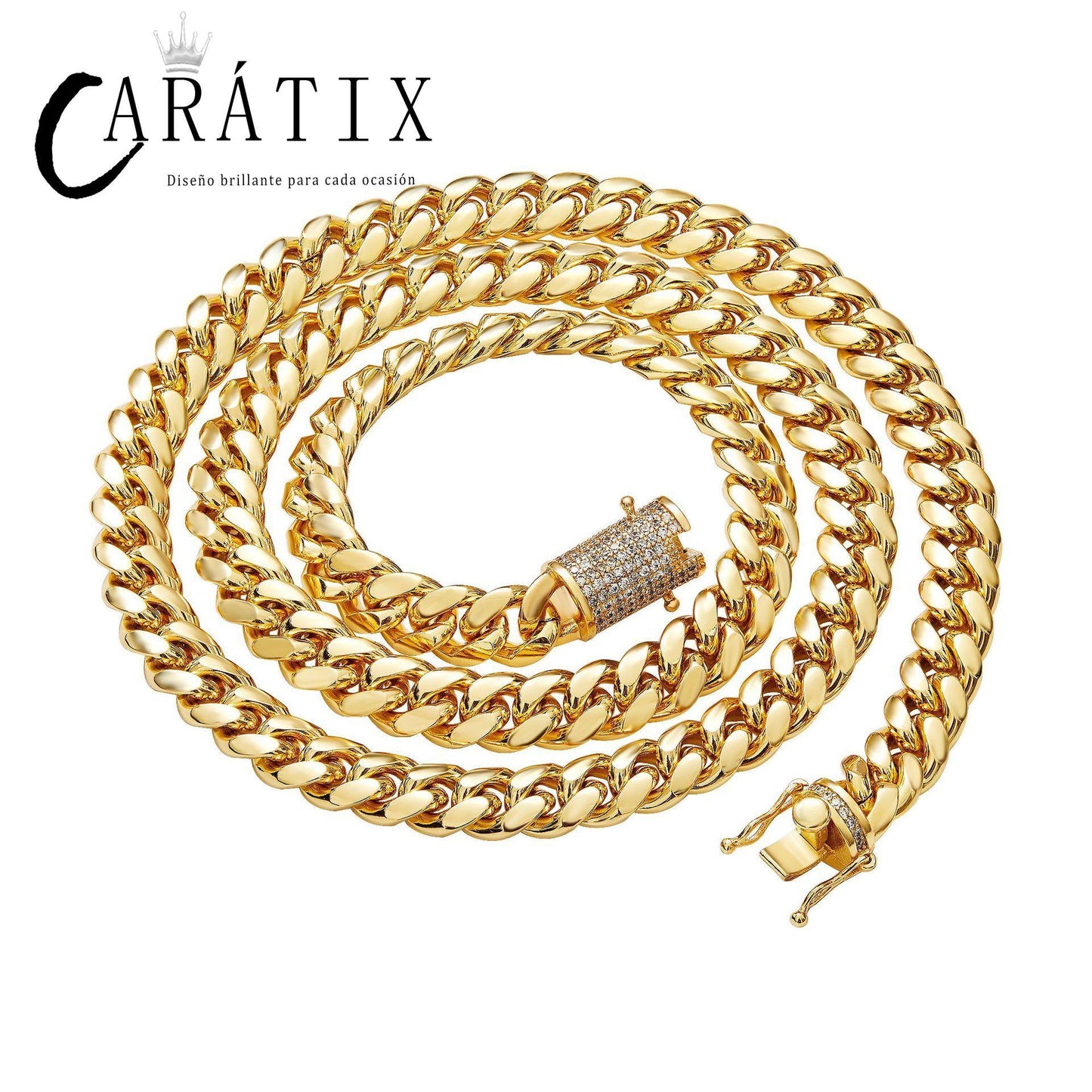 CARÁTIX 10MM Stainless Steel Miami Cuban Chain Necklace – Hip Hop Iced Out Jewelry with CZ Zircon for Men & Women