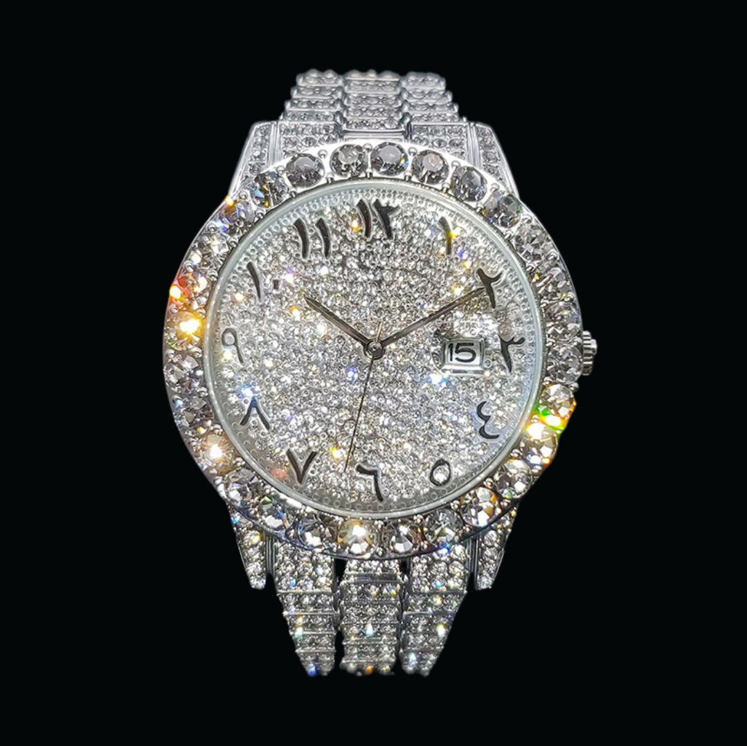 Arabic Numerals Date Iced Out Diamond Watch – Luxury Hip Hop Timepiece