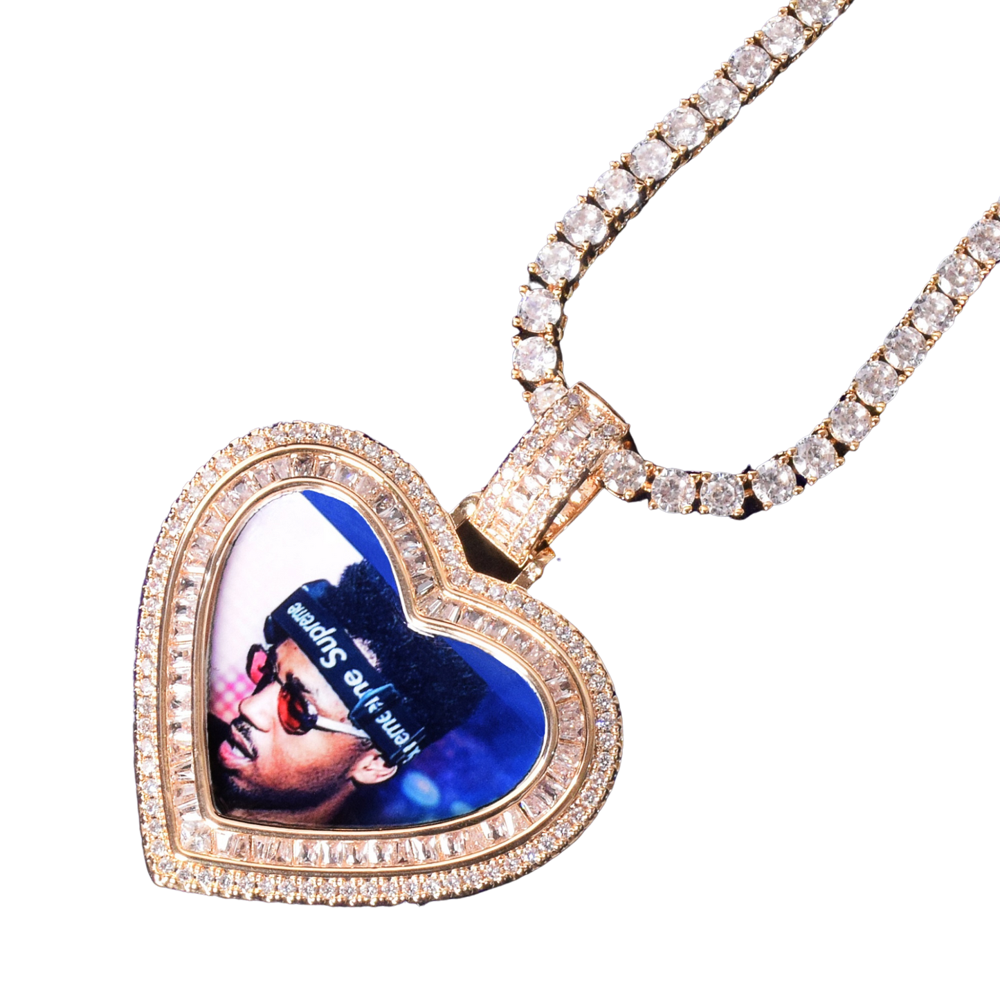 Heart Baguette Custom Photo Pendant Necklace – Iced Out Hip Hop Picture Jewelry for Men and Women