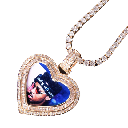 Heart Baguette Custom Photo Pendant Necklace – Iced Out Hip Hop Picture Jewelry for Men and Women