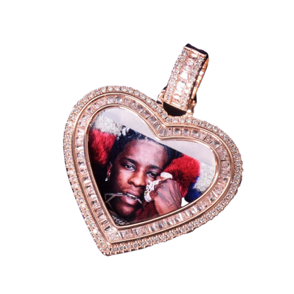 Heart Baguette Custom Photo Pendant Necklace – Iced Out Hip Hop Picture Jewelry for Men and Women