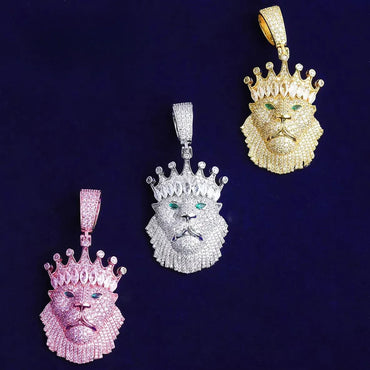 Iced Out Crowned Lion Head Pendant | Men's Real Copper CZ "King" Necklace - CaratixJewelry