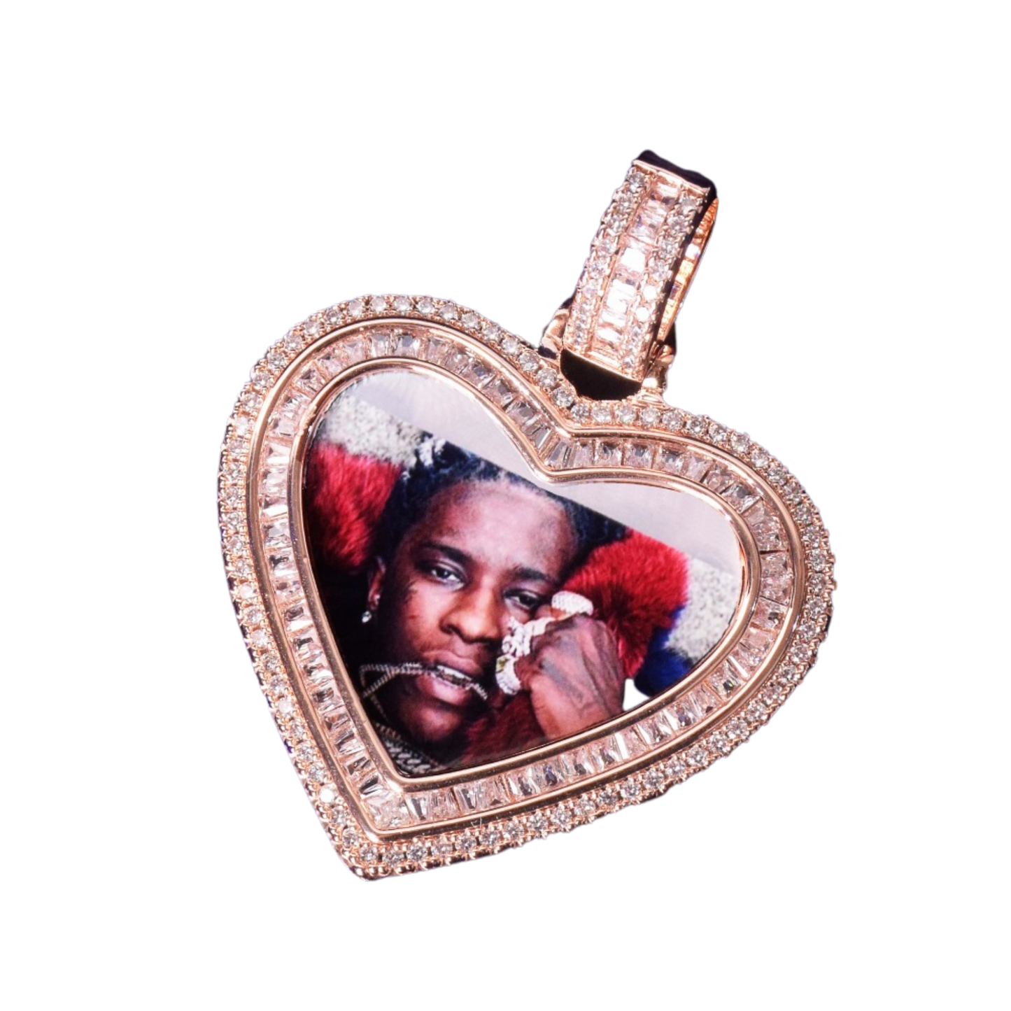 Heart Baguette Custom Photo Pendant Necklace – Iced Out Hip Hop Picture Jewelry for Men and Women