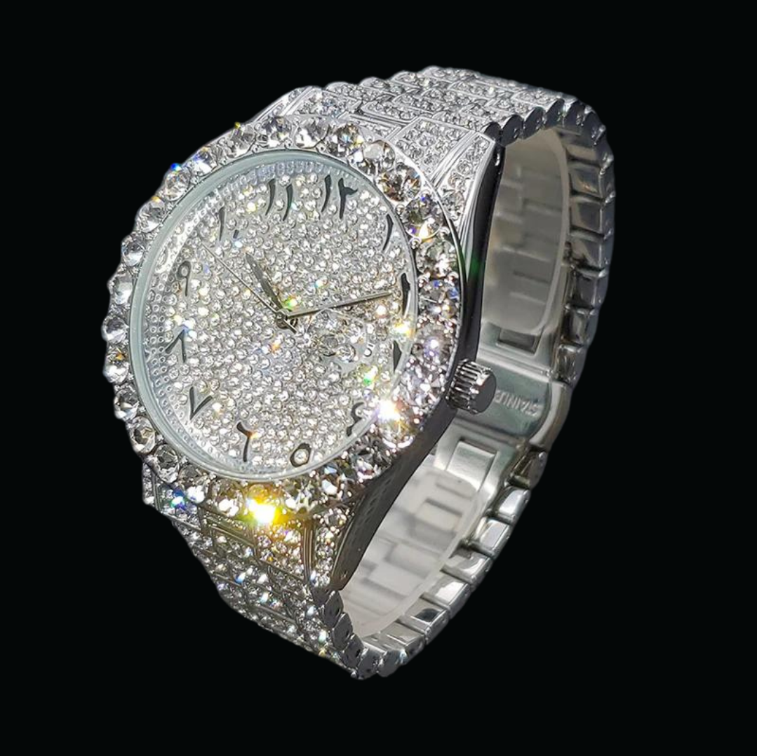 Arabic Numerals Date Iced Out Diamond Watch – Luxury Hip Hop Timepiece
