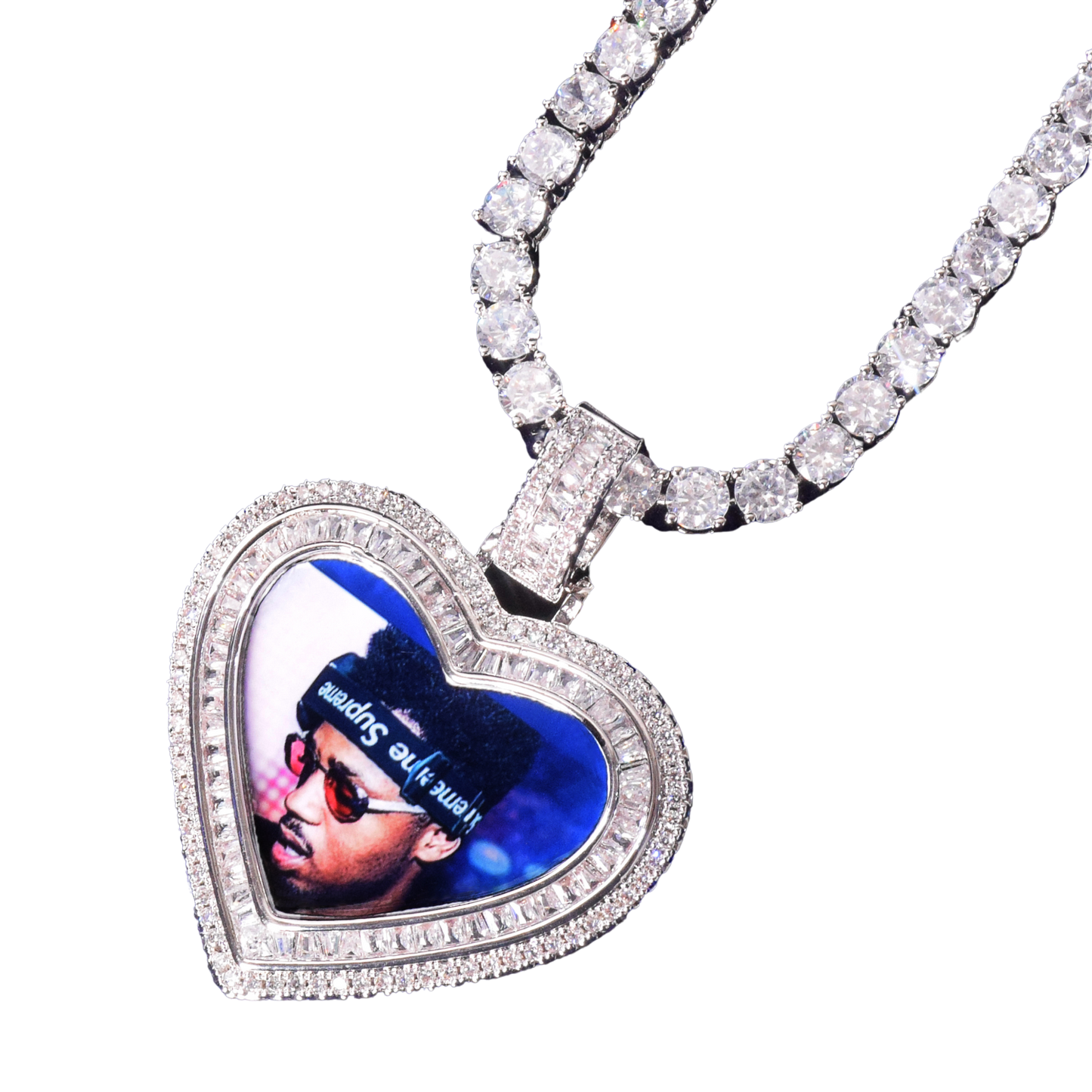 Heart Baguette Custom Photo Pendant Necklace – Iced Out Hip Hop Picture Jewelry for Men and Women