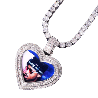 Heart Baguette Custom Photo Pendant Necklace – Iced Out Hip Hop Picture Jewelry for Men and Women